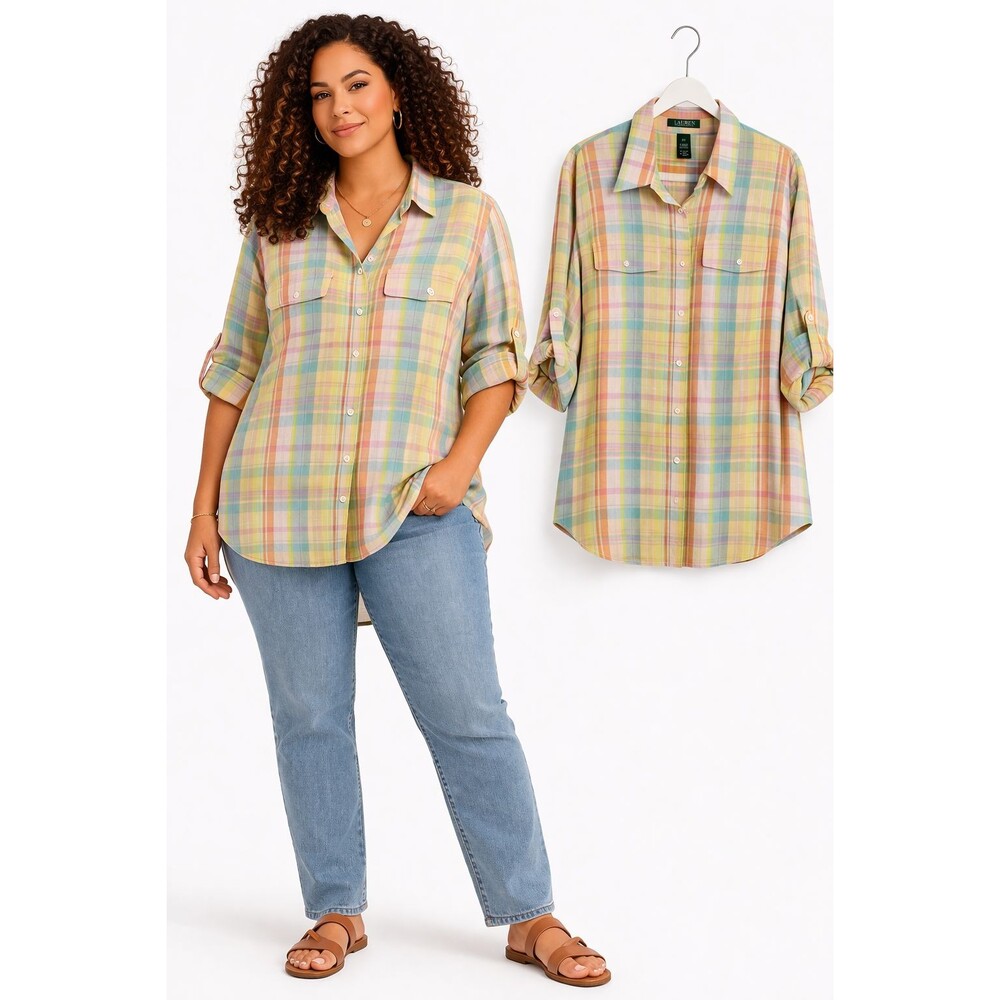 New Lauren Ralph Lauren Pastel Plaid Linen Blend Size 2X Roll Tab Sleeve